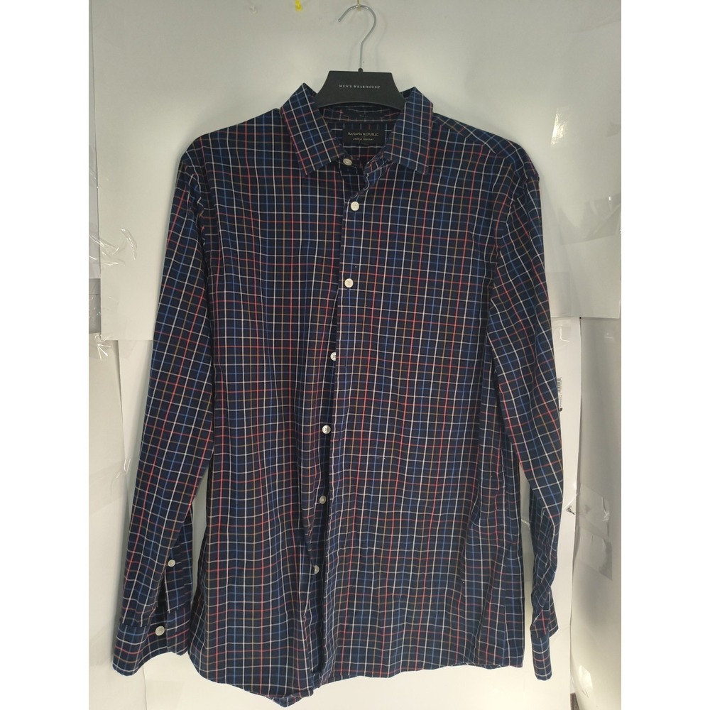 Banana Republic Slim Fit Shirt Mens L Blue Plaid Wrinkle Resistant Button Up